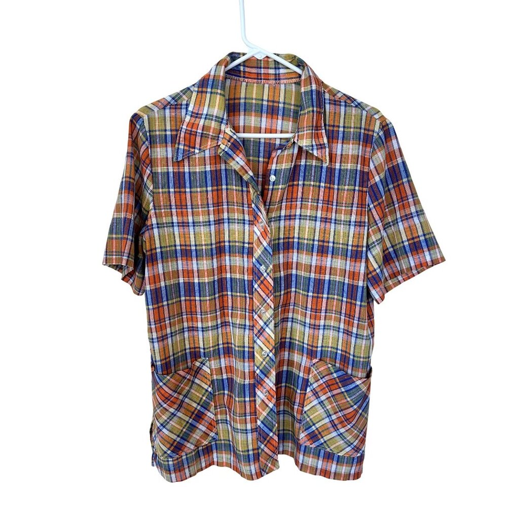 Vtg Womens Plaid Shirt Short Sleeve Button Up Orange 1970s Lightweight Pockets